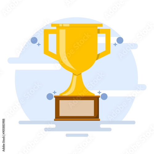 Concept of Champions and Awards. Gold Cup Award. Champion trophy, golden cup. Winner prize, sport award, success concept in minimal cartoon style. Flat vector illustration on background.