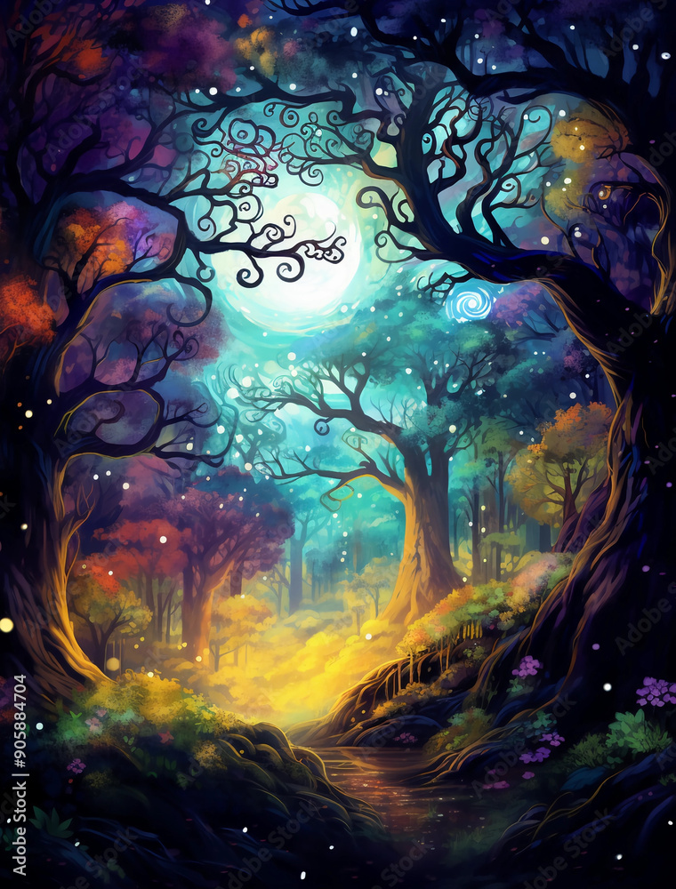 Obraz premium A fantasy forest with magical trees, colorful and vibrant in the style of a fantasy illustration
