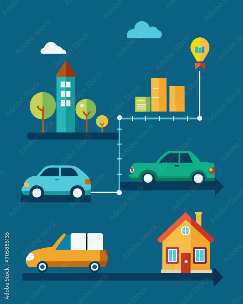 Naklejka premium A visual timeline showing the progression of expenses over several years with different sections highlighting major purchases like a new car home renovations or childrens. Vector illustration