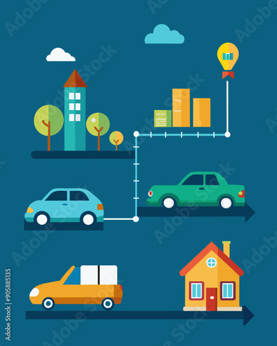 A visual timeline showing the progression of expenses over several years with different sections highlighting major purchases like a new car home renovations or childrens. Vector illustration