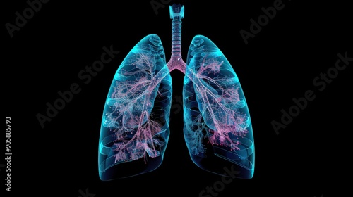 A close up of a human lung with a blue and pink color scheme