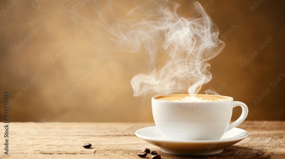 Steaming cup of coffee on wooden table. Steaming cup of coffee on wooden table.