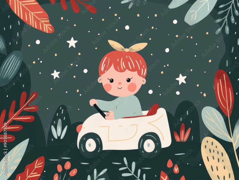 Adorable cartoon style of a young child happily riding a toy car through a whimsical nature filled landscape with colorful leaves stars and a cozy inviting atmosphere perfect for nursery decor Adorable cartoon style of a young child happily riding a toy car through a whimsical nature filled landscape with colorful leaves stars and a cozy inviting atmosphere perfect for nursery decor