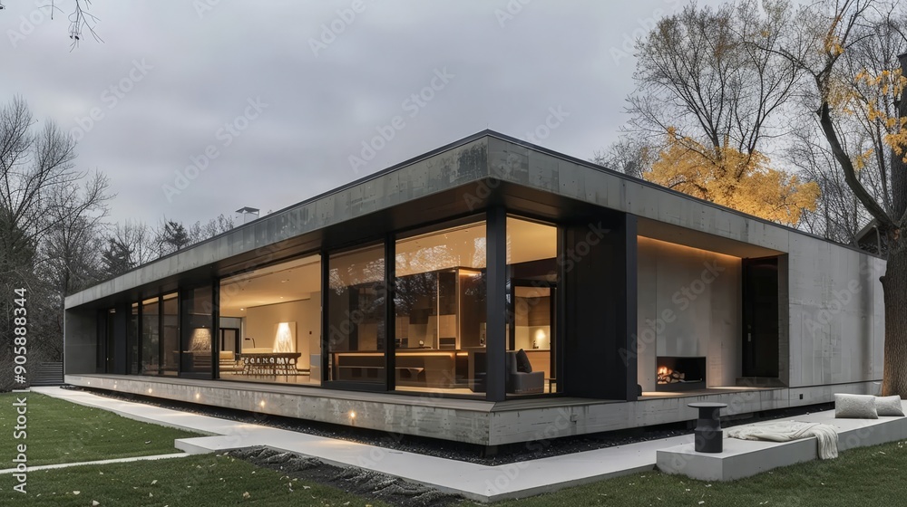 Modern minimalist house with large windows and a sleek exterior Modern minimalist house with large windows and a sleek exterior