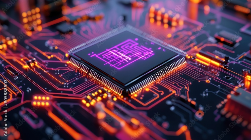 Dramatic close up view inside a cyberpunk-inspired quantum computer, showcasing intricate circuitry bathed in vibrant purple and orange hues Dramatic close up view inside a cyberpunk-inspired quantum computer, showcasing intricate circuitry bathed in vibrant purple and orange hues