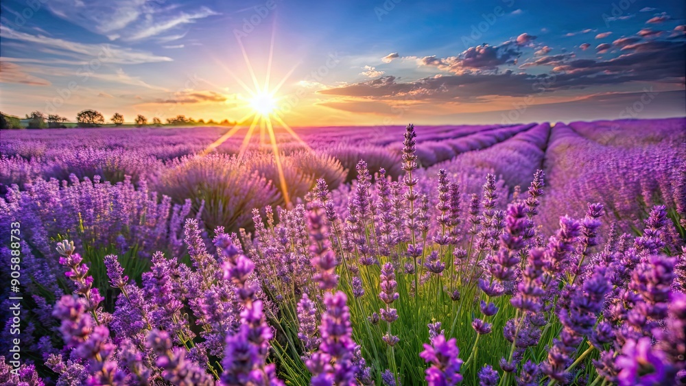 Naklejka premium Vibrant field of purple lavender flowers in full bloom under the sun, lavender, field, flowers, purple, vibrant, bloom