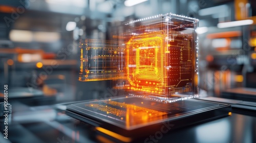 A sleek quantum computer with glowing circuits and quantum bits in a high-tech lab environment, showcasing its advanced architecture and futuristic design