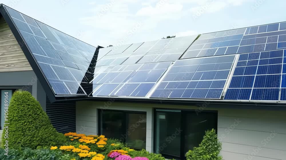 4k video of a typical suburban house with solar panels installed on the ...