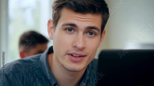 Portrait of a young handsome man talking and looking at camera. Webcam view. College students listening to online lesson. Business chat conference talking with tutor. Webcam, salesman, meet, meeting,