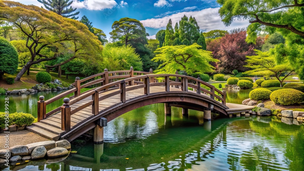 Traditional Japanese wooden bridge in a serene park setting, Japanese, wooden, bridge, park, nature, traditional Traditional Japanese wooden bridge in a serene park setting, Japanese, wooden, bridge, park, nature, traditional