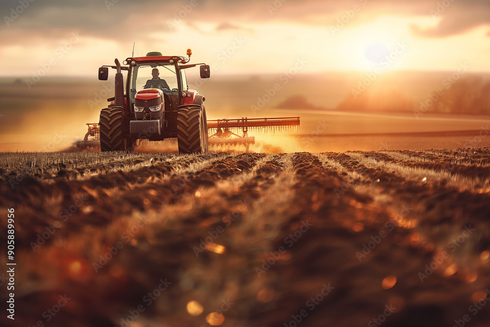 Tractor working in a field, agricultural machinery at sunset, farm equipment in action, harvesting season, rural farming and agriculture Tractor working in a field, agricultural machinery at sunset, farm equipment in action, harvesting season, rural farming and agriculture