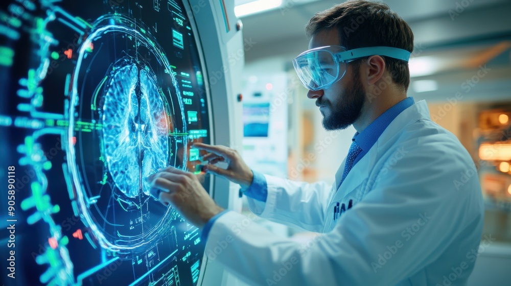 Male researcher in safety goggles, standing next to a high tech radiation oncology machine, reviewing treatment plans and adjusting settings on a digital display in a modern laboratory setting Male researcher in safety goggles, standing next to a high tech radiation oncology machine, reviewing treatment plans and adjusting settings on a digital display in a modern laboratory setting