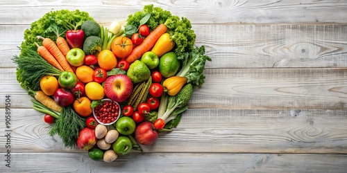 Heart shaped arrangement of fresh fruits and vegetables including apples, oranges, carrots, and lettuce , health, organic photo