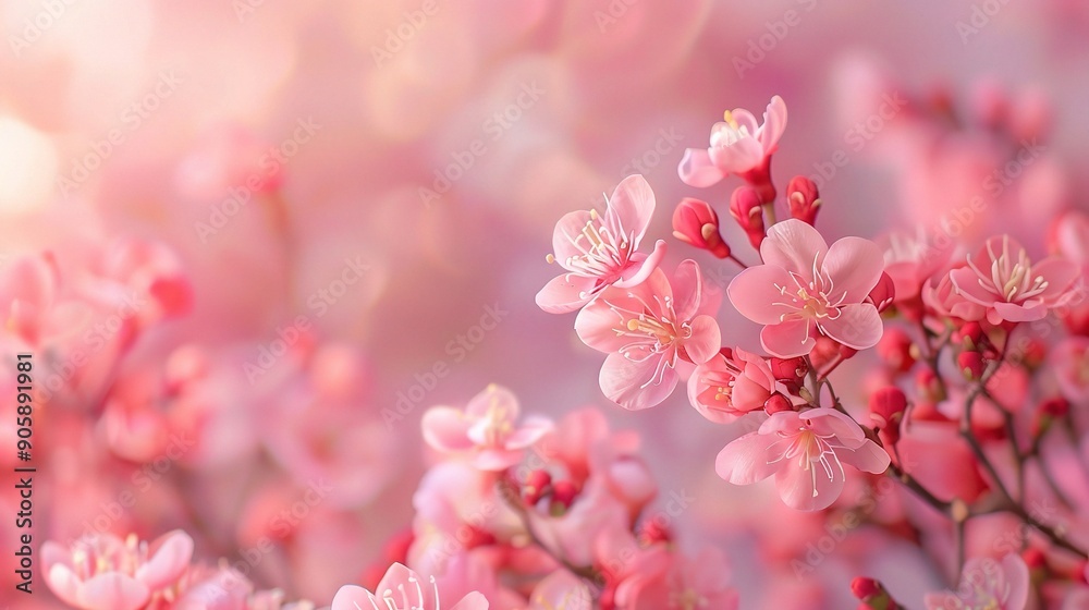 Obraz premium Blossom of Spring: Cherry blossoms in full bloom, bathed in the warm glow of the rising sun.