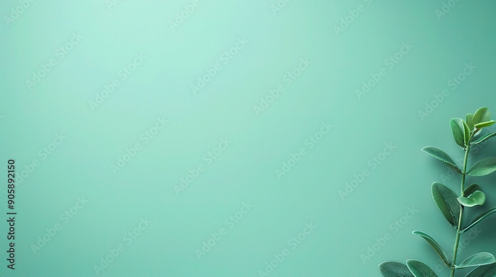 A single sprig of eucalyptus graces the corner of a tranquil turquoise background, offering a clean and modern aesthetic with ample copy space. A single sprig of eucalyptus graces the corner of a tranquil turquoise background, offering a clean and modern aesthetic with ample copy space.