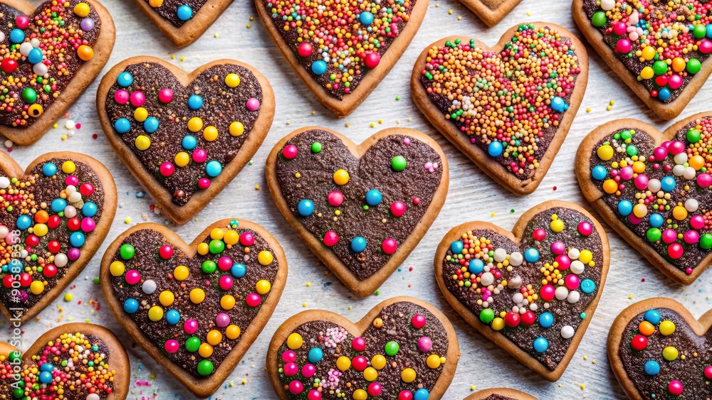 Fototapeta premium Colorful heart-shaped chocolate cookies adorned with vibrant sprinkles, heart, cookies, chocolate, colorful, vibrant, sprinkles