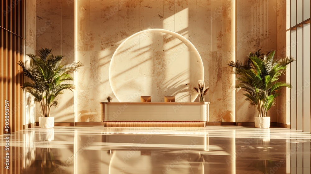 A large room with a white desk and two potted plants A large room with a white desk and two potted plants