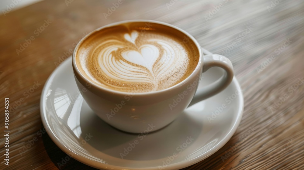 Overhead view of a coffee cup with a heart-shaped foam design on a saucer Overhead view of a coffee cup with a heart-shaped foam design on a saucer
