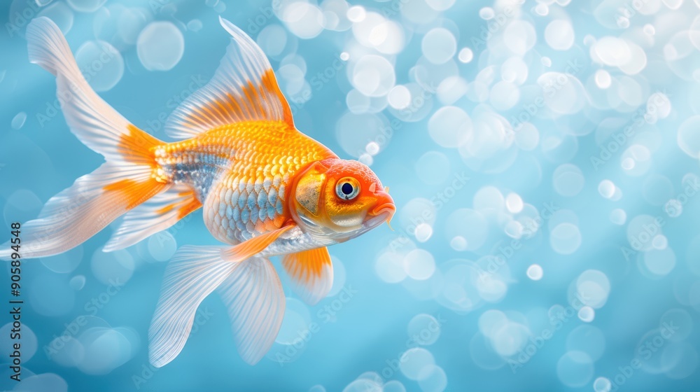 Orange and white goldfish gracefully swimming in crystal clear blue water, creating a serene and tranquil underwater scene Orange and white goldfish gracefully swimming in crystal clear blue water, creating a serene and tranquil underwater scene