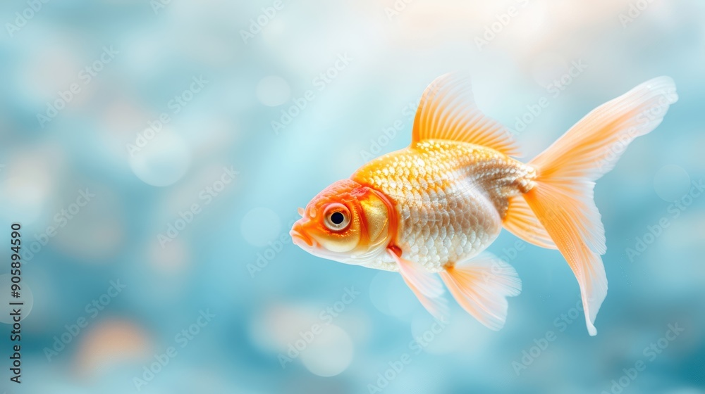 Fototapeta premium Goldfish in shades of orange and white gracefully moving in clear blue water, with sunlight filtering through, creating a gentle ambiance