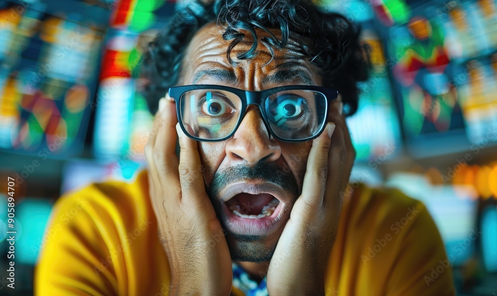 Terrified Trader in Front of Financial Charts Terrified Trader in Front of Financial Charts