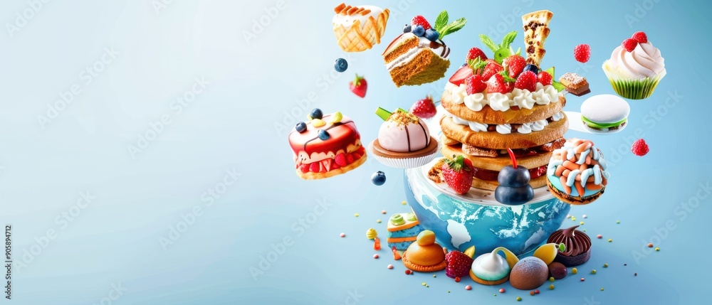 Naklejka premium 3D globe with floating international desserts including British scones, Italian tiramisu, and Japanese matcha sweets, capturing the essence of global confectionery traditions