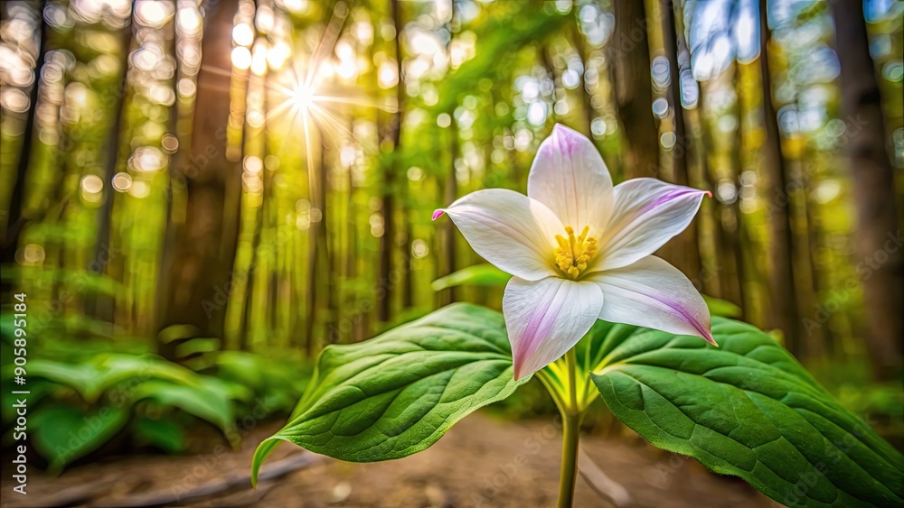 Fototapeta premium Beautiful trillium flower blooming in a forest setting, wildflower, nature, spring, white, three petals, forest floor