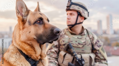 German Shepherd in camo tactical gear sitting next to a soldier in full protective gear, with a modern cityscape in the background, indicating readiness