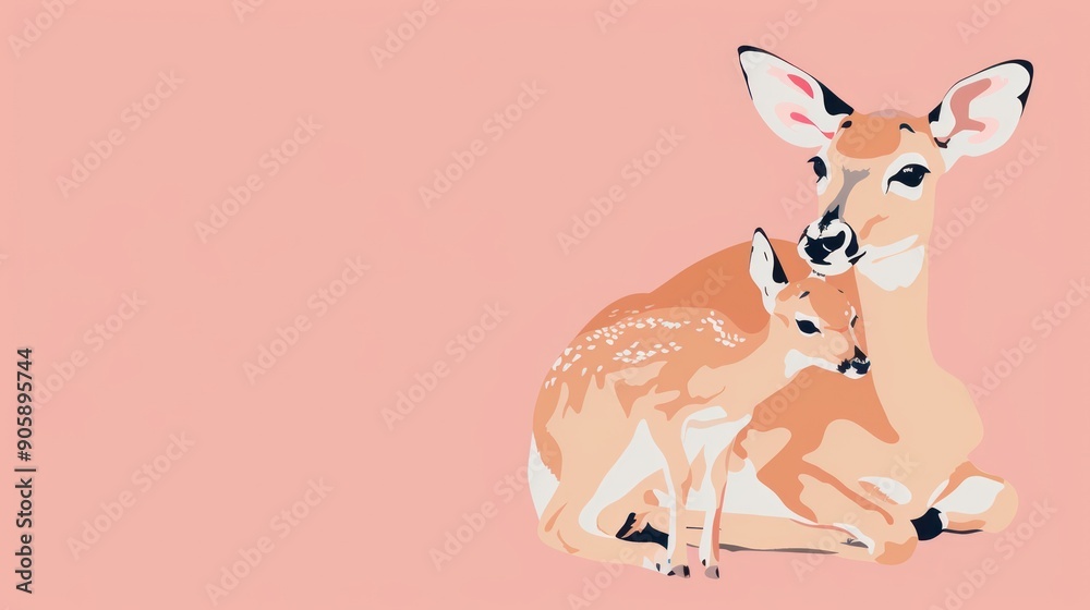 Fototapeta premium Mother Deer and Fawn Resting on Pink Background.