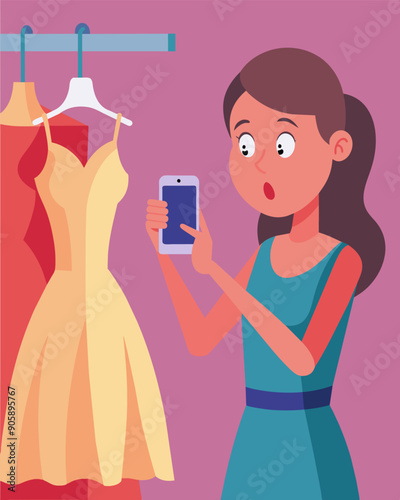 A teenage girl gasps in shock as she checks the price of a prom dress at a highend department store.. Vector illustration