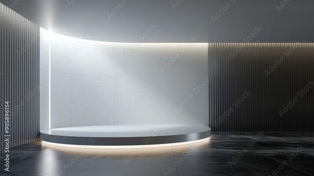 A white room with a curved wall and a white stage