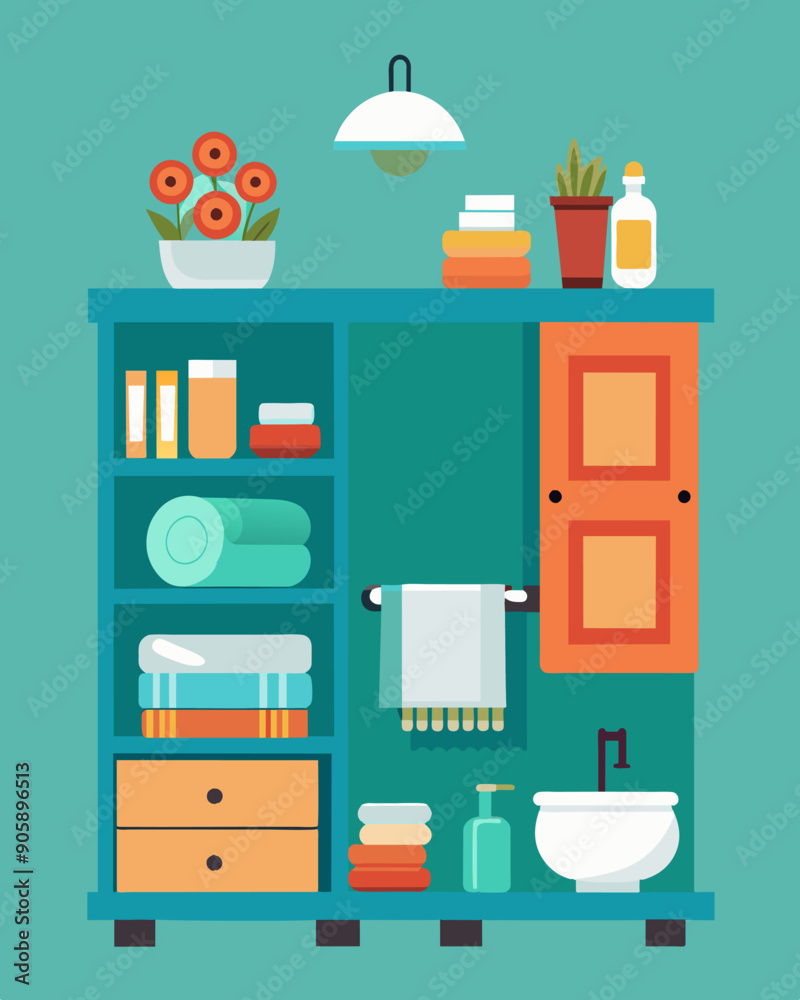 A tidy bathroom with just a few select ries and a small storage cabinet for towels.. Vector illustration A tidy bathroom with just a few select ries and a small storage cabinet for towels.. Vector illustration