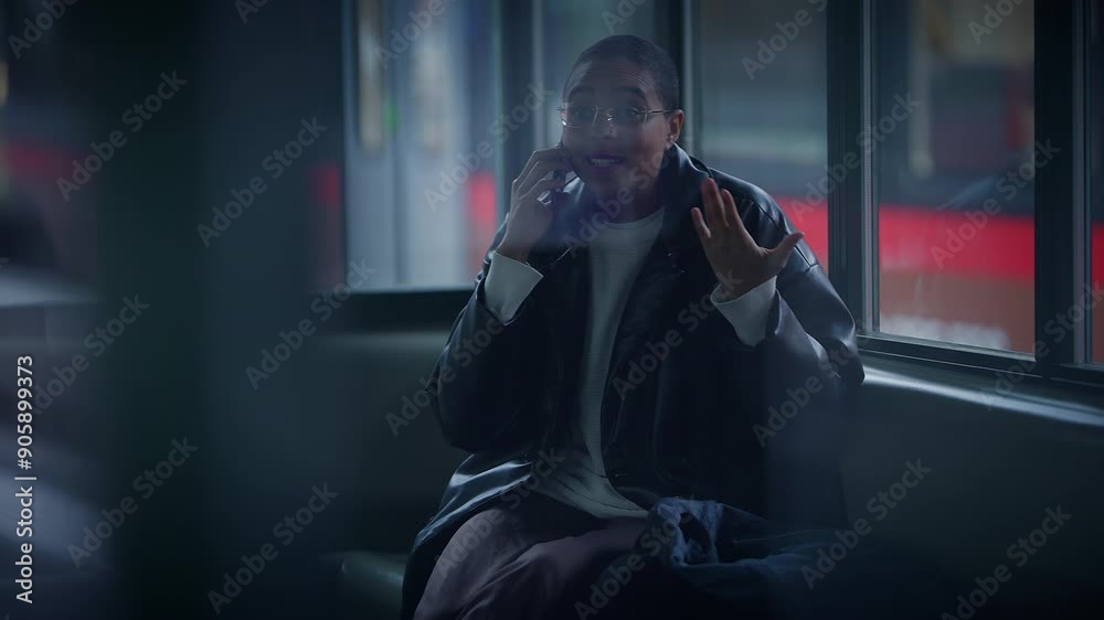 In a contemporary city environment, a woman is having a conversation on her phone In a contemporary city environment, a woman is having a conversation on her phone