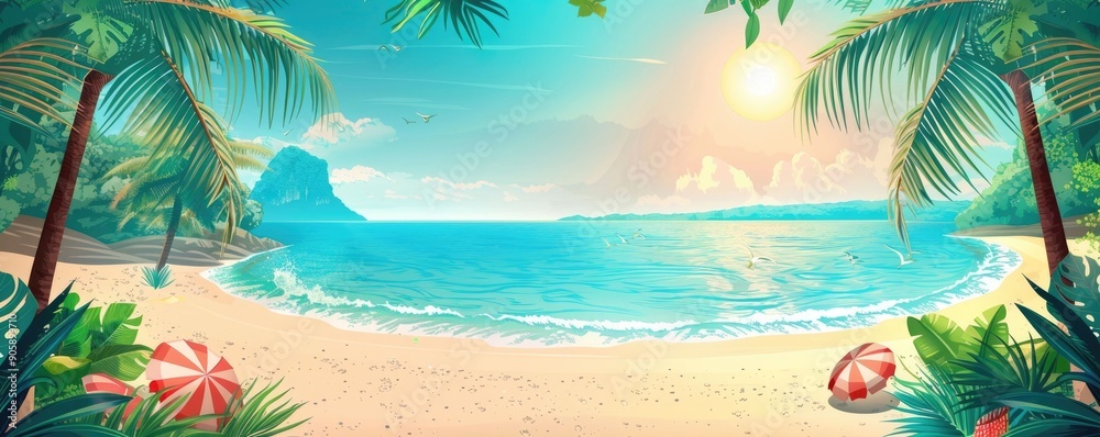 Obraz premium Vibrant tropical beach scene with palm trees crystal clear blue ocean golden sand and a colorful sunset landscape Ideal for summer vacation travel and lifestyle concepts