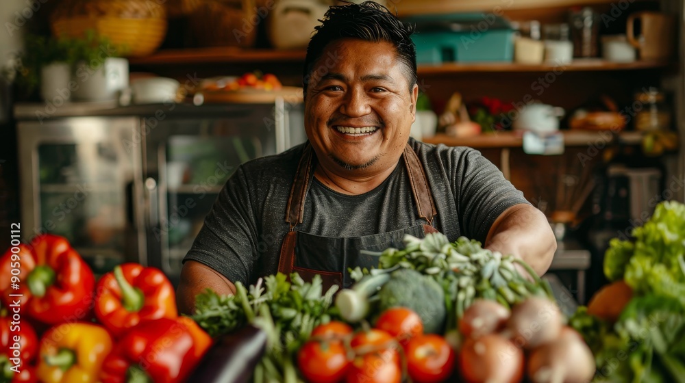 Smiling Chef with Fresh Vegetables in a Kitchen Smiling Chef with Fresh Vegetables in a Kitchen
