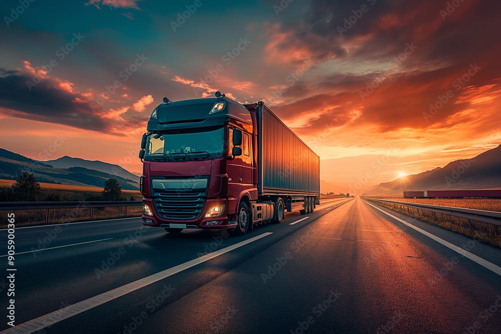 Red freight truck on highway during sunset, transportation and logistics, scenic road trip, long haul trucking, beautiful evening journey. Red freight truck on highway during sunset, transportation and logistics, scenic road trip, long haul trucking, beautiful evening journey.