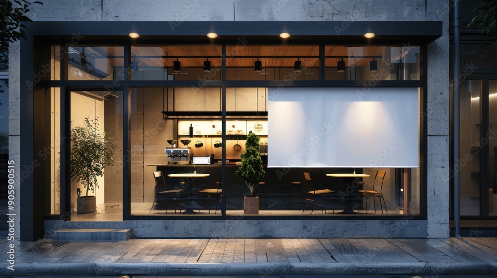 Modern cafe storefront with blank billboard. Modern cafe storefront with blank billboard.