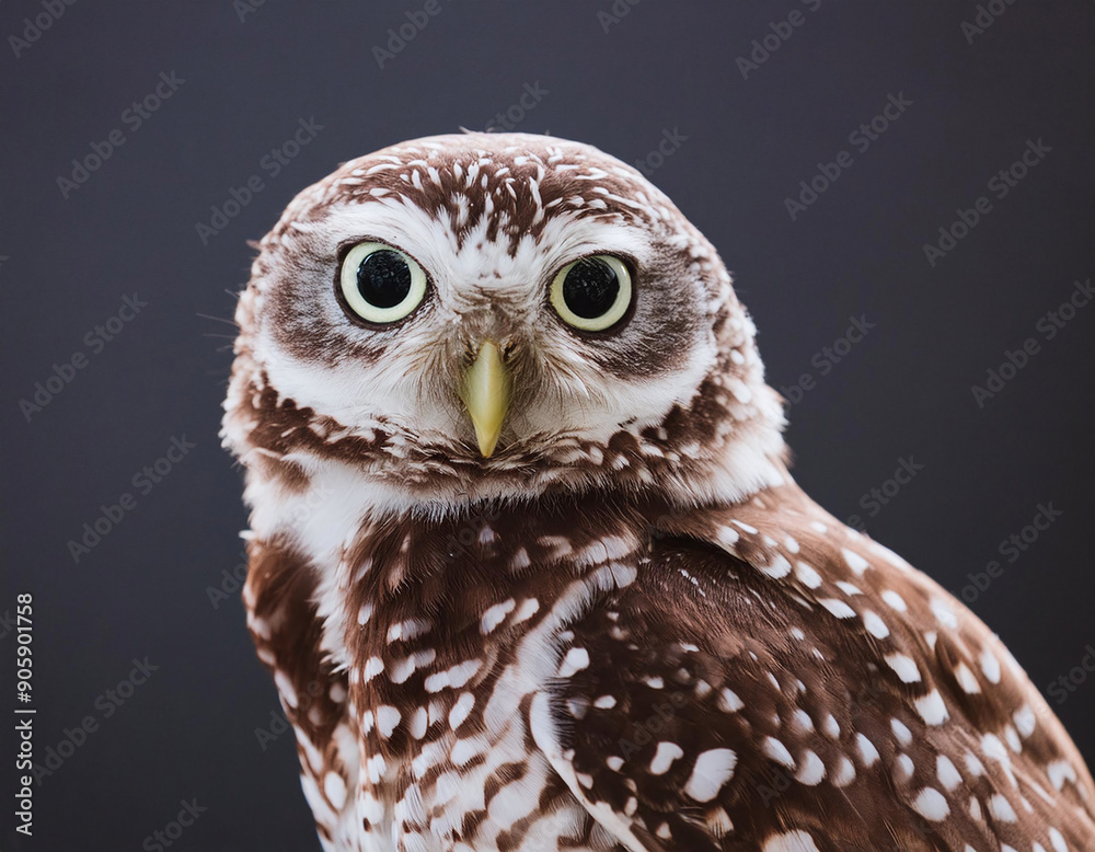 Fototapeta premium A small burrowing owl with bright yellow eyes and speckled brown feathers stares curiously at the viewer