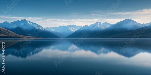 Beautiful view of snow capped mountains and blue sky with white puffy clouds in the background on a bright sunny day with a calm clear lake reflecting the backdrop