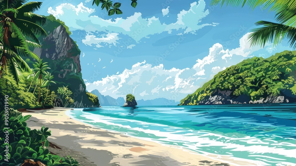Obraz premium Stunning of a tropical island getaway poster featuring a pristine beach with turquoise blue waters lush palm trees and a majestic landscape in the background