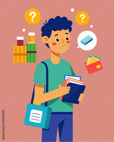 A student plans a budgetfriendly trip to the mall carefully budgeting for their purchases with their stack of expired coupons only to be disappointed by the final total.. Vector illustration