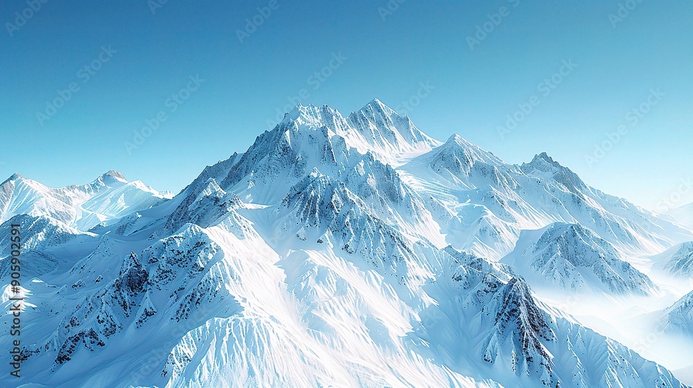 Obraz premium Majestic Winter Peaks: A breathtaking aerial view of snow-capped mountains piercing a crystal-clear blue sky, evoking a sense of awe and adventure.