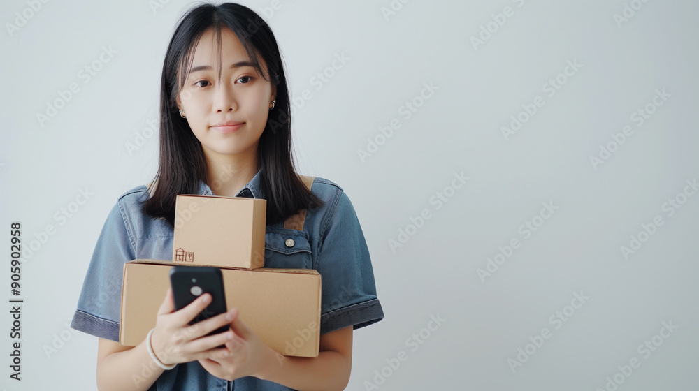 Smiling woman holding smartphone and packages, online shopping delivery, customer receiving order, happy recipient, home delivery service. Smiling woman holding smartphone and packages, online shopping delivery, customer receiving order, happy recipient, home delivery service.