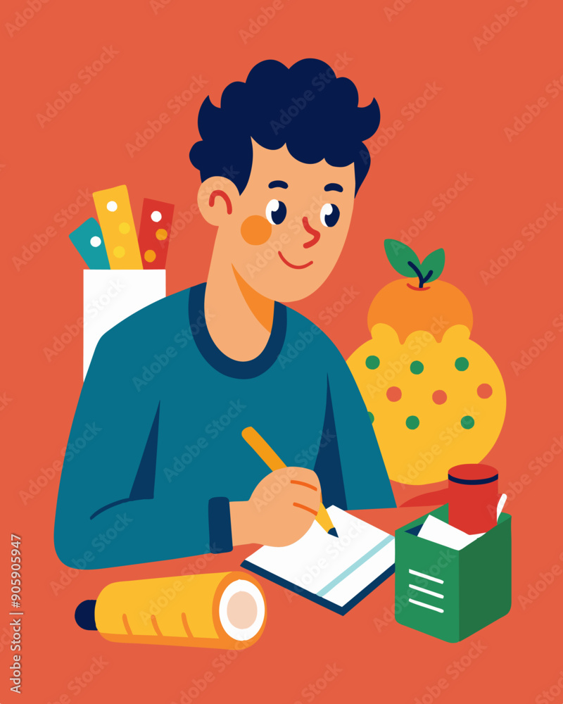 A student carefully calculates their budget before heading out to the grocery store determined to stick to a tight spending limit.. Vector illustration A student carefully calculates their budget before heading out to the grocery store determined to stick to a tight spending limit.. Vector illustration