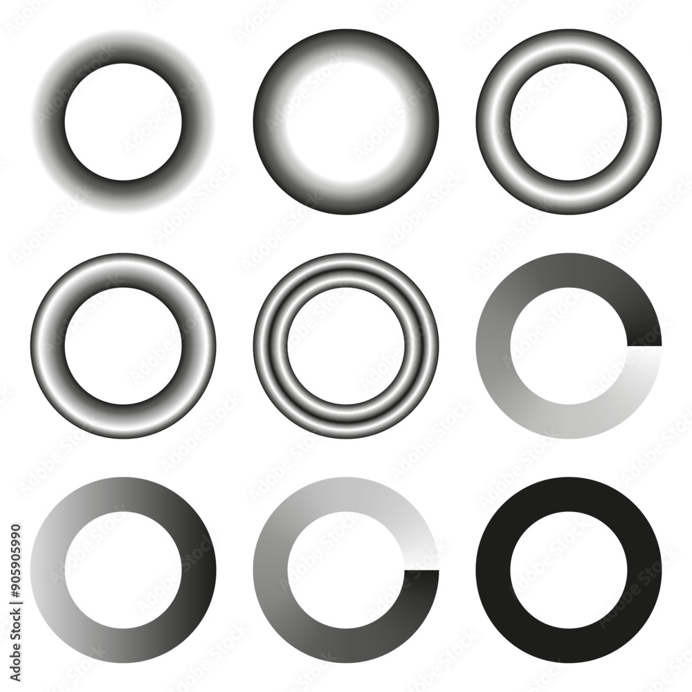 Gradient circle vector set. Various ring designs. Black and white gradient shapes. Abstract graphic elements. Gradient circle vector set. Various ring designs. Black and white gradient shapes. Abstract graphic elements.