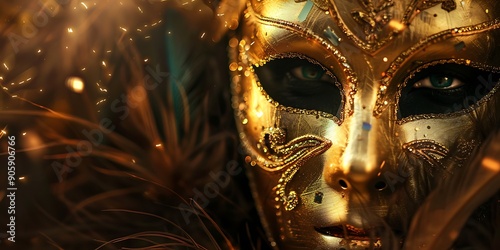 Close up of woman face with golden mask