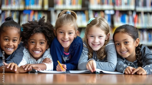 Diverse group of elementary school children smile while working on their schoolwork.