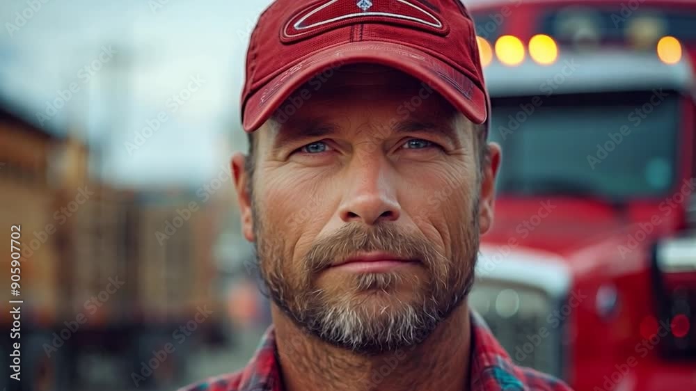 The driver of a commercial truck in front of his semi tractor The driver of a commercial truck in front of his semi tractor