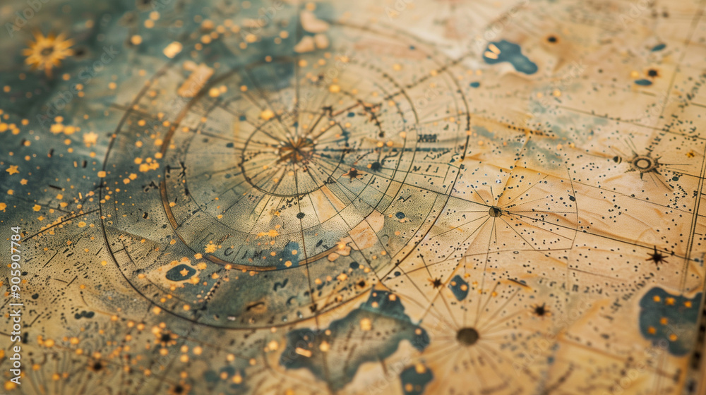 Fototapeta premium Ancient celestial map with intricate circular patterns. Vintage astronomical chart showing constellations and zodiac symbols. Aged parchment with golden and blue hues, celestial bodies, and cosmic ill
