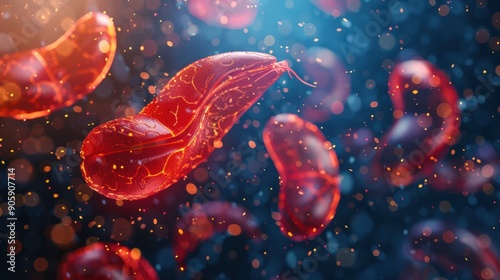 A close up of red blood cells with a blurry background